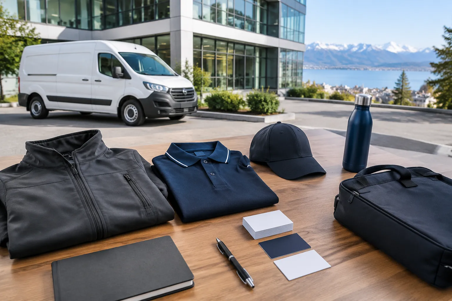 Vêtements, accessoires et équipement de bureau sur une table en bois avec un bâtiment moderne en arrière-plan.