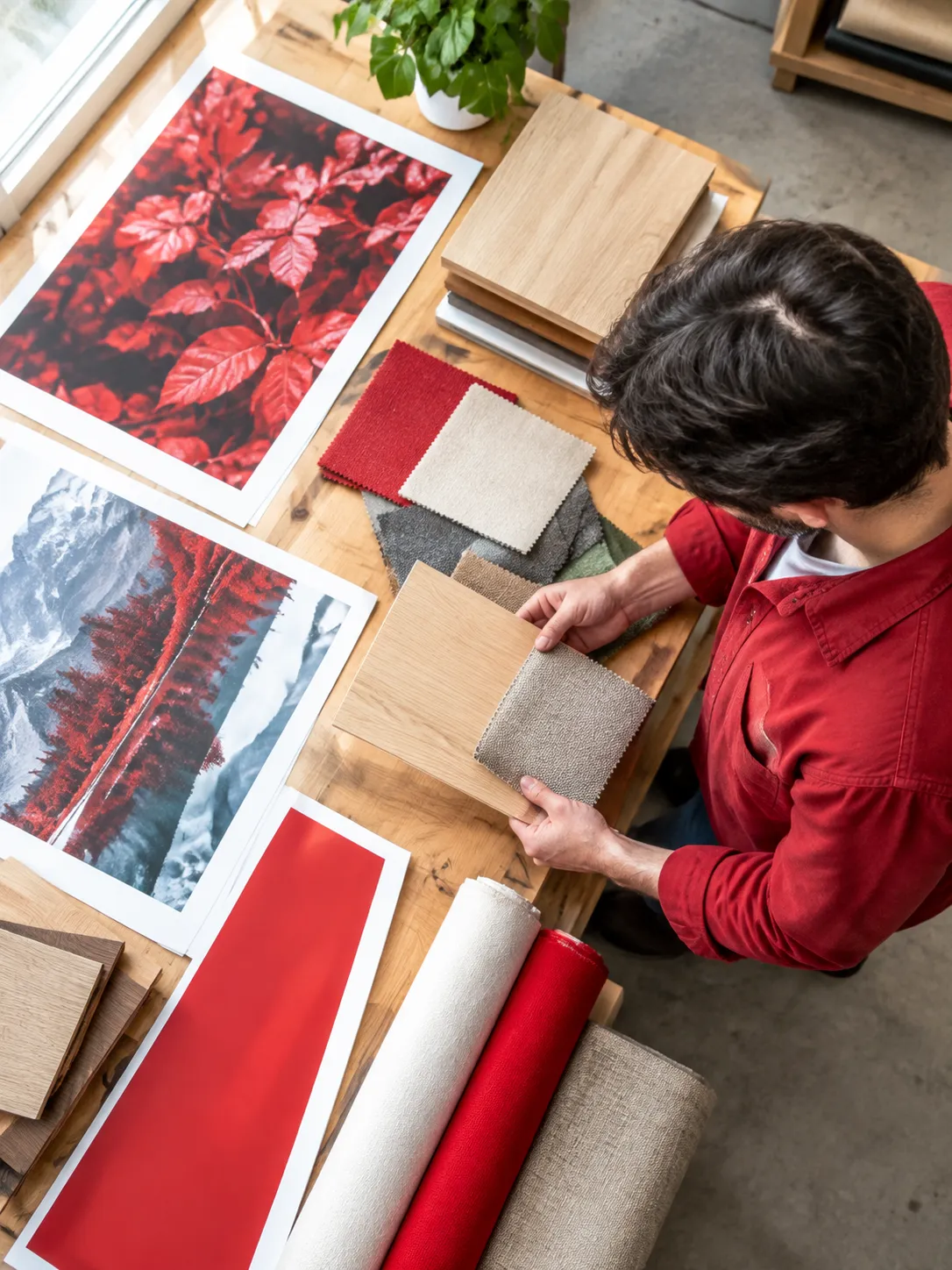 Homme en rouge choisissant tissus et échantillons de bois.