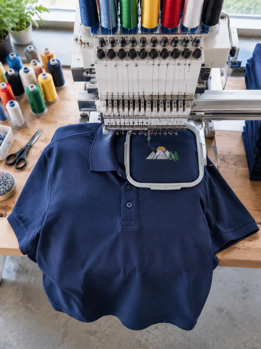 Machine à broder industrielle brodant un polo bleu marine.