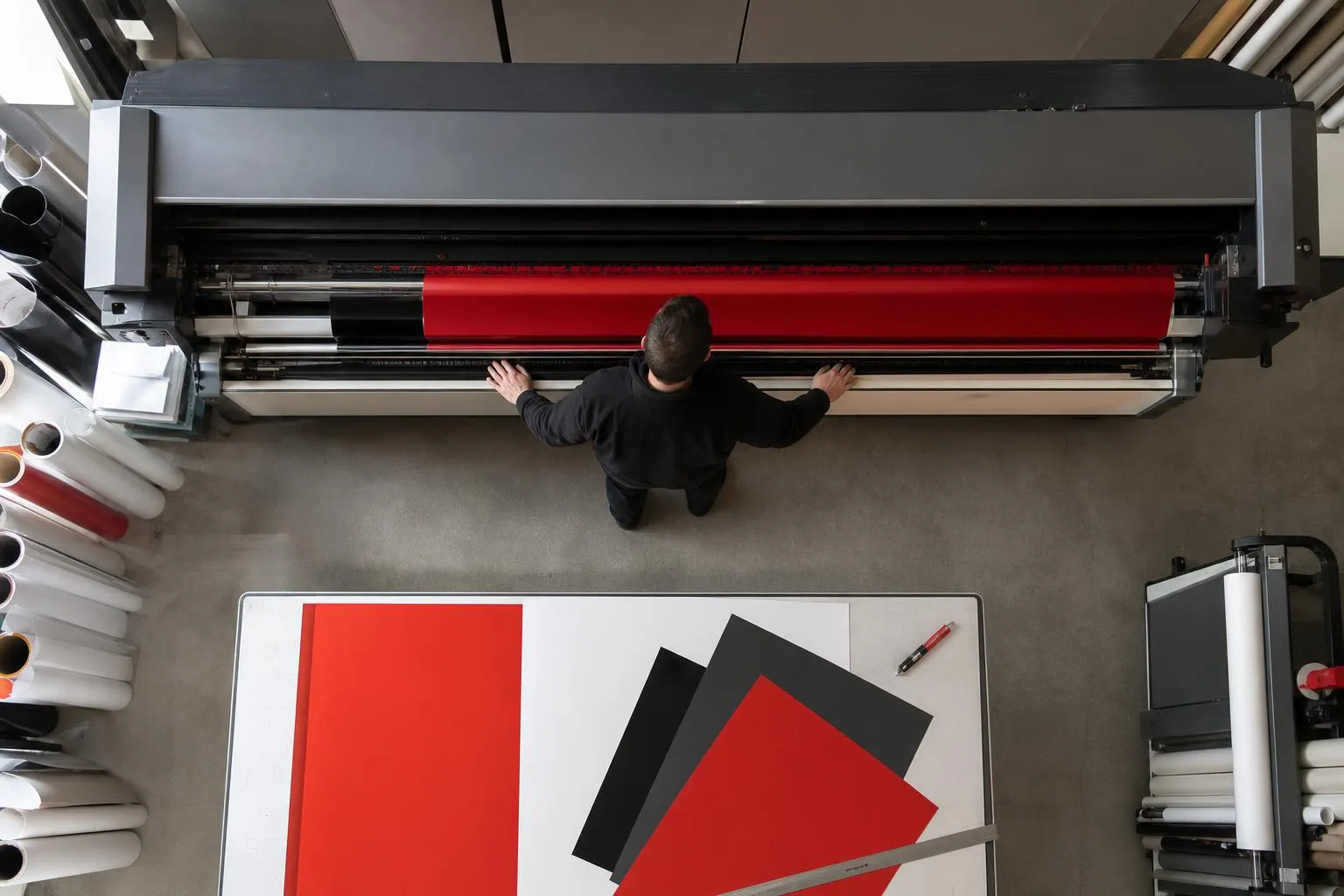 Opérateur charge une imprimante grand format avec vinyle rouge
