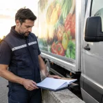 Livreur examinateur d'un covering sur camion, calculant ROI, éclairé naturellement.