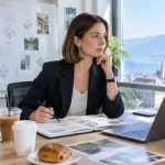 Femme d’affaires à Lausanne créant un logo sur un tableau blanc, café à côté, bureau moderne.