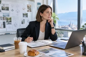 Femme d’affaires à Lausanne créant un logo sur un tableau blanc, café à côté, bureau moderne.