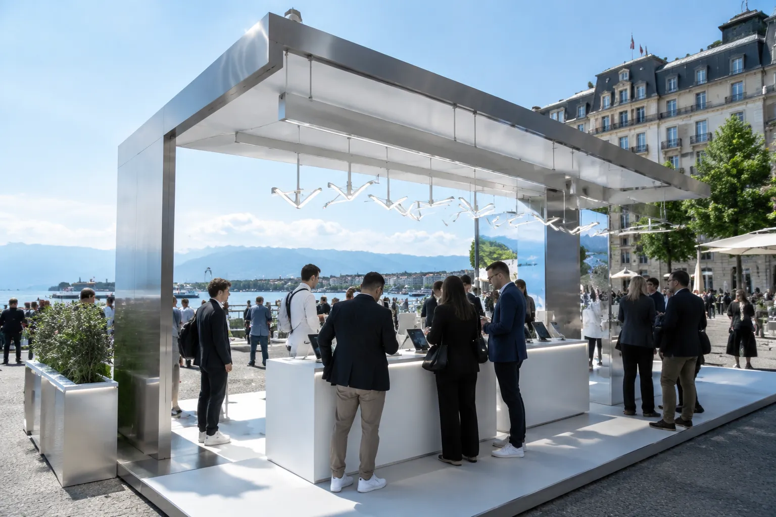 Signalétique LED moderne sur stand d'exposition à Lausanne, attirant les visiteurs.