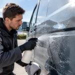 Technicien suisse nettoie le covering d’une camionnette utilitaire avec un spray d’entretien.