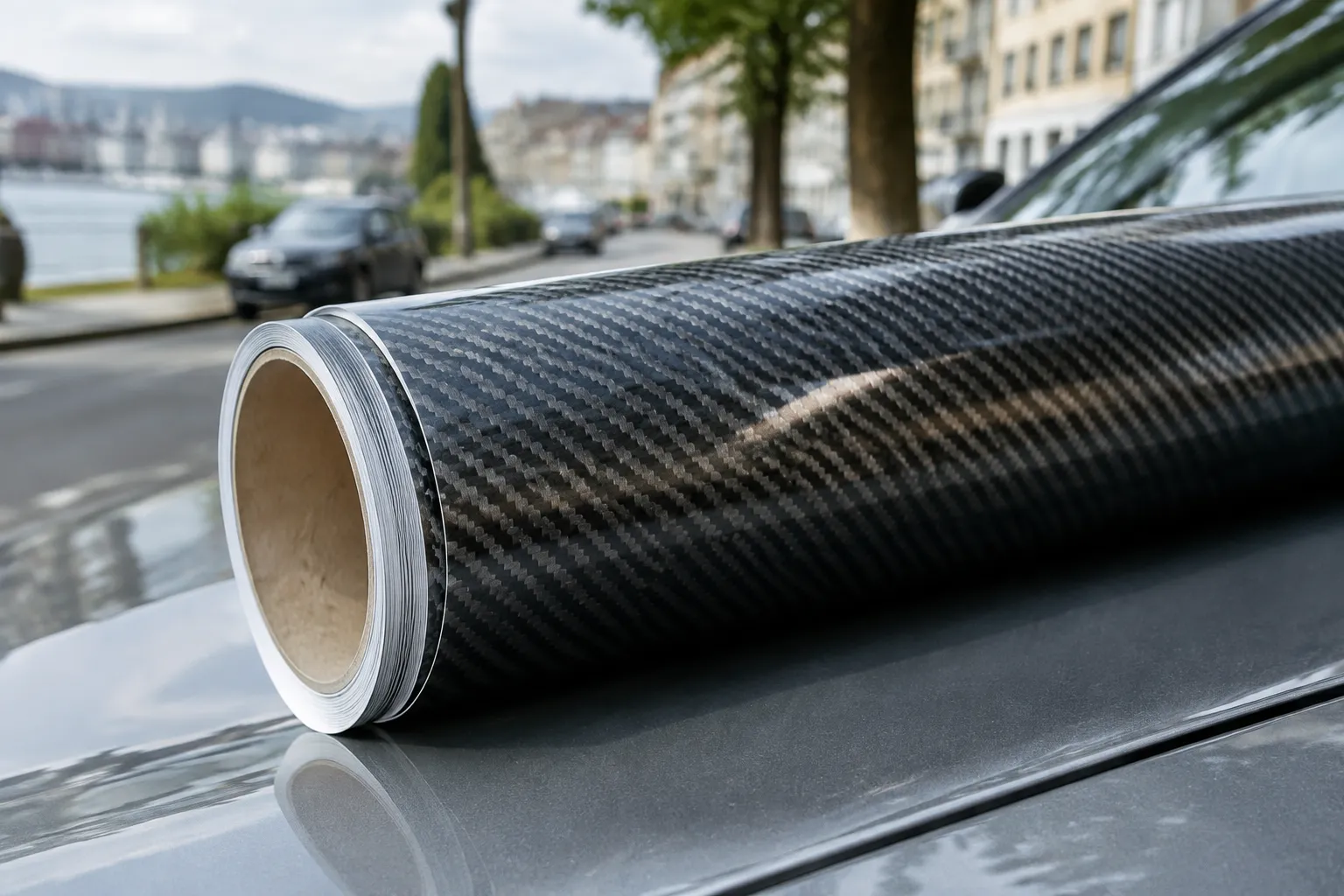 Rouleau de vinyle auto détaillé, prêt à couvrir une voiture à Lausanne.