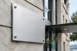 Enseigne aluminium verte conforme aux règles de signalétique à Lausanne, prise en gros plan photoréaliste.