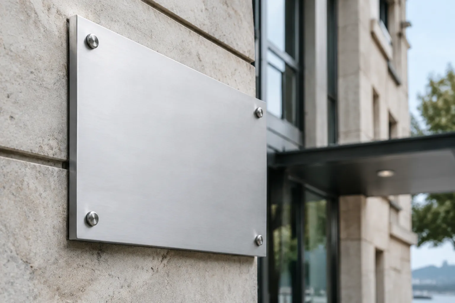 Enseigne aluminium verte conforme aux règles de signalétique à Lausanne, prise en gros plan photoréaliste.