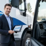 Commercial évaluant le ROI du marquage d’un camion d’entreprise avec un graphique.