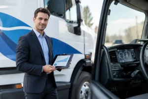 Commercial évaluant le ROI du marquage d’un camion d’entreprise avec un graphique.