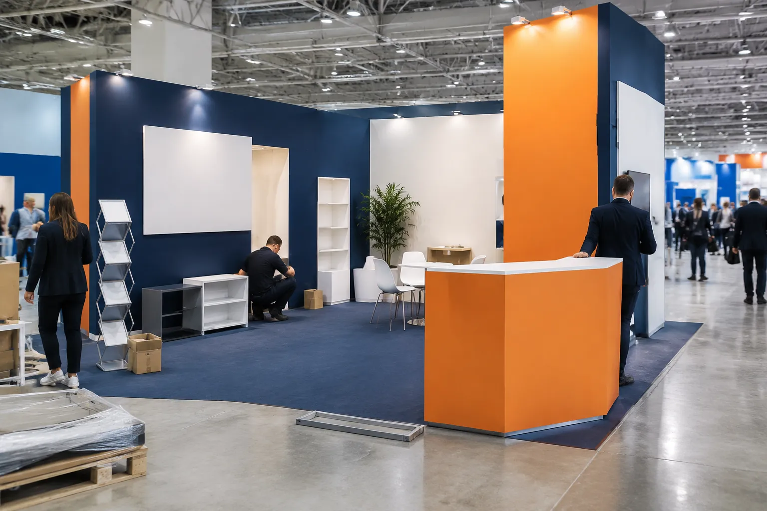 Stand d’exposition bleu marine et orange dans un salon professionnel