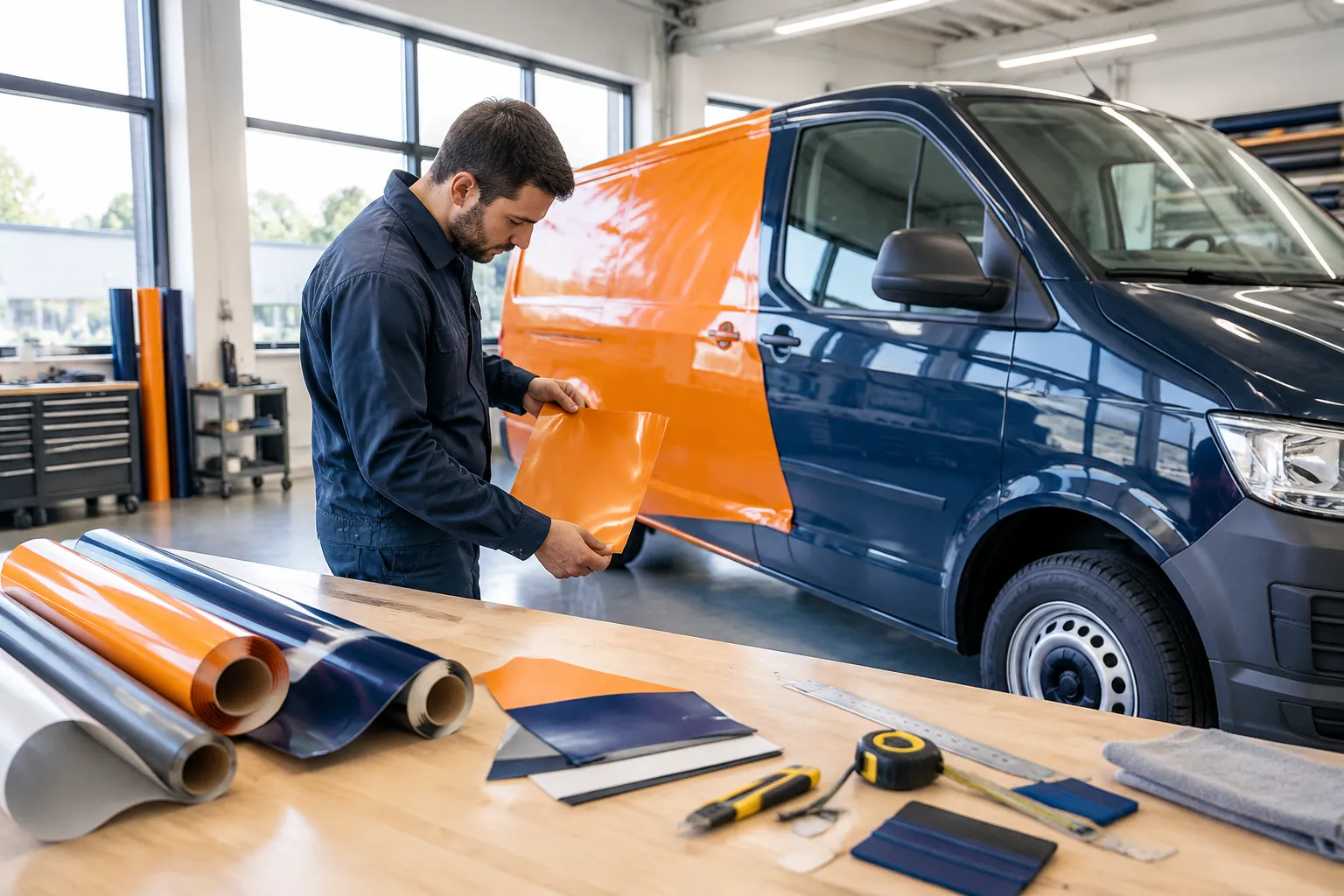Poseur appliquant un film orange sur fourgon bleu en atelier