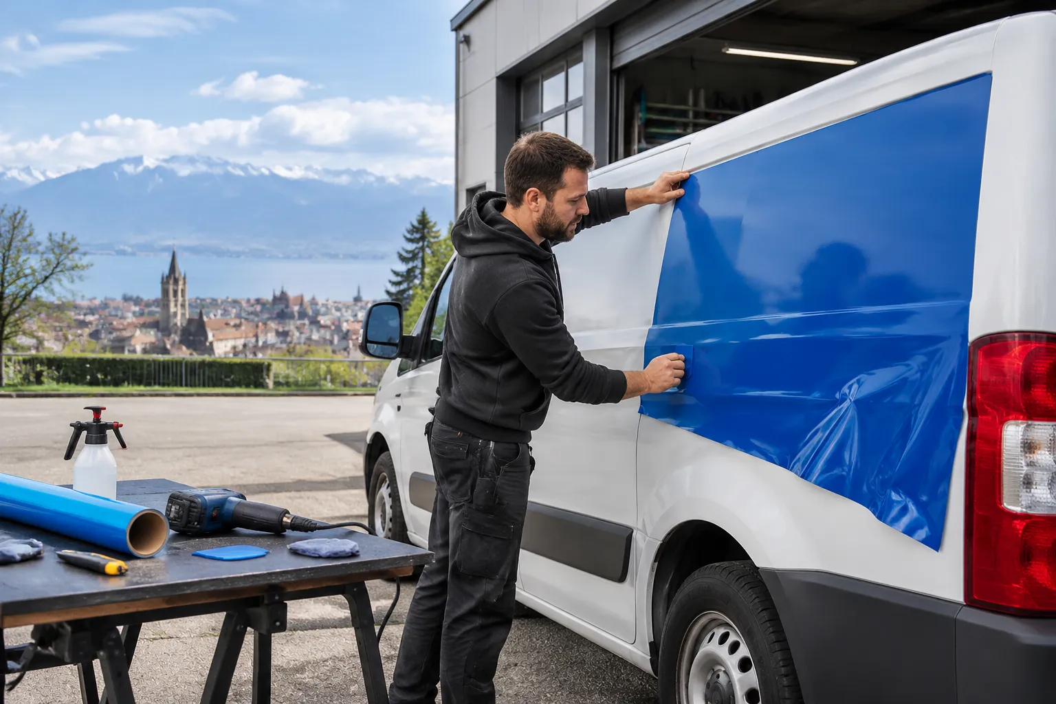 Poseur de vinyle bleu sur utilitaire blanc devant montagnes cochées