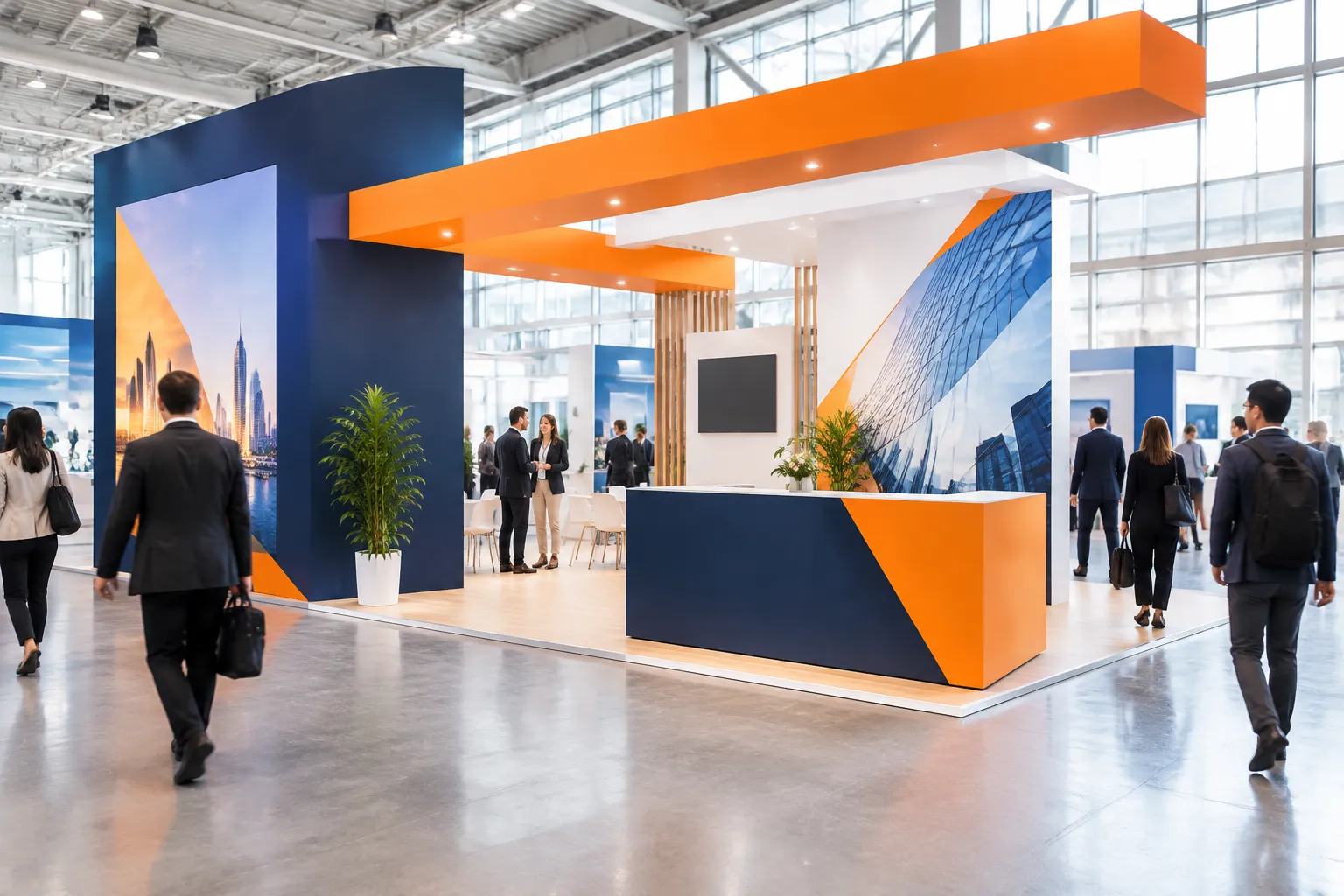 Stand d’exposition orange et bleu dans un salon professionnel lumineux