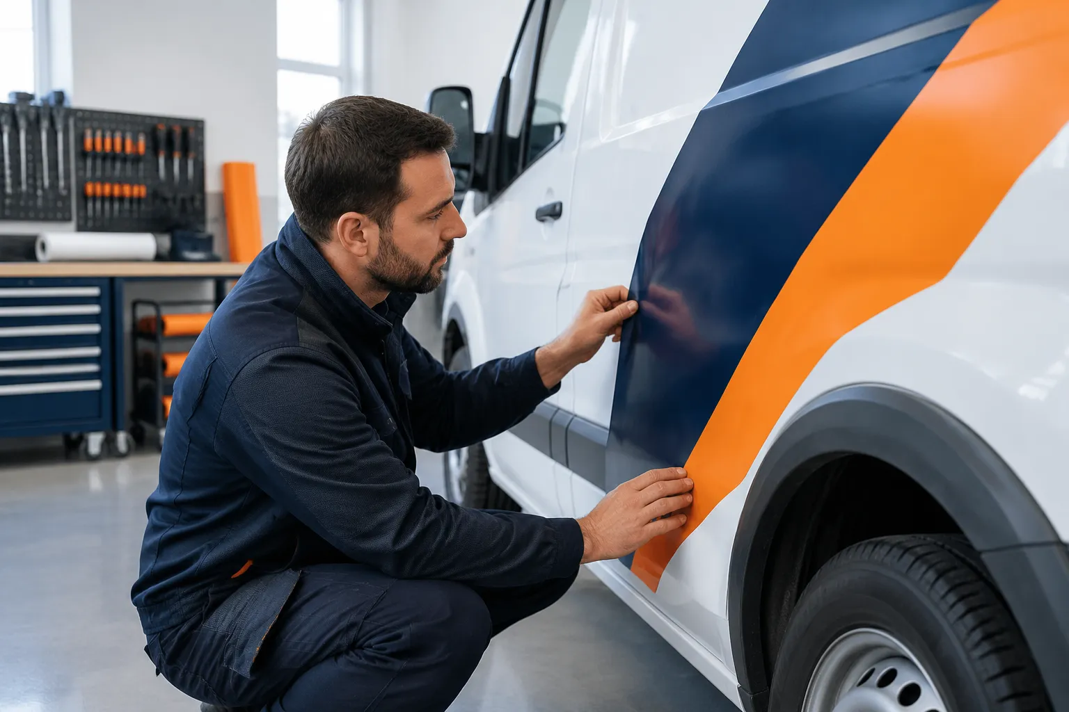 Technicien pose un adhésif orange et bleu sur une camionnette blanche