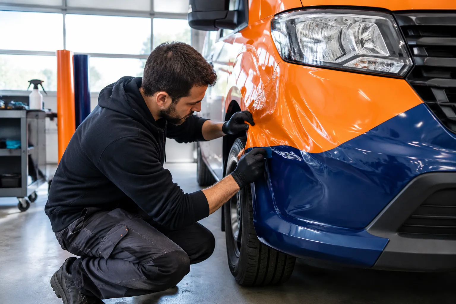 Technicien pose un film protecteur sur SUV orange et bleu