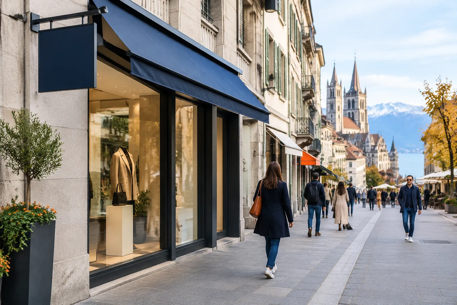 Rue commerçante élégante avec boutiques, passants et montagnes alpines