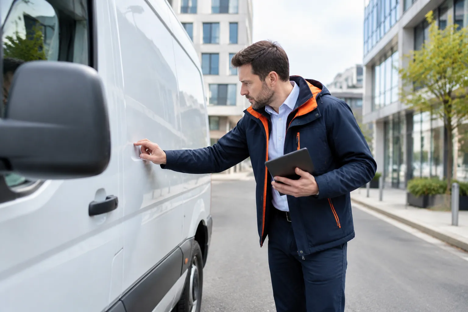 Livreur ouvrant une camionnette blanche avec tablette numérique