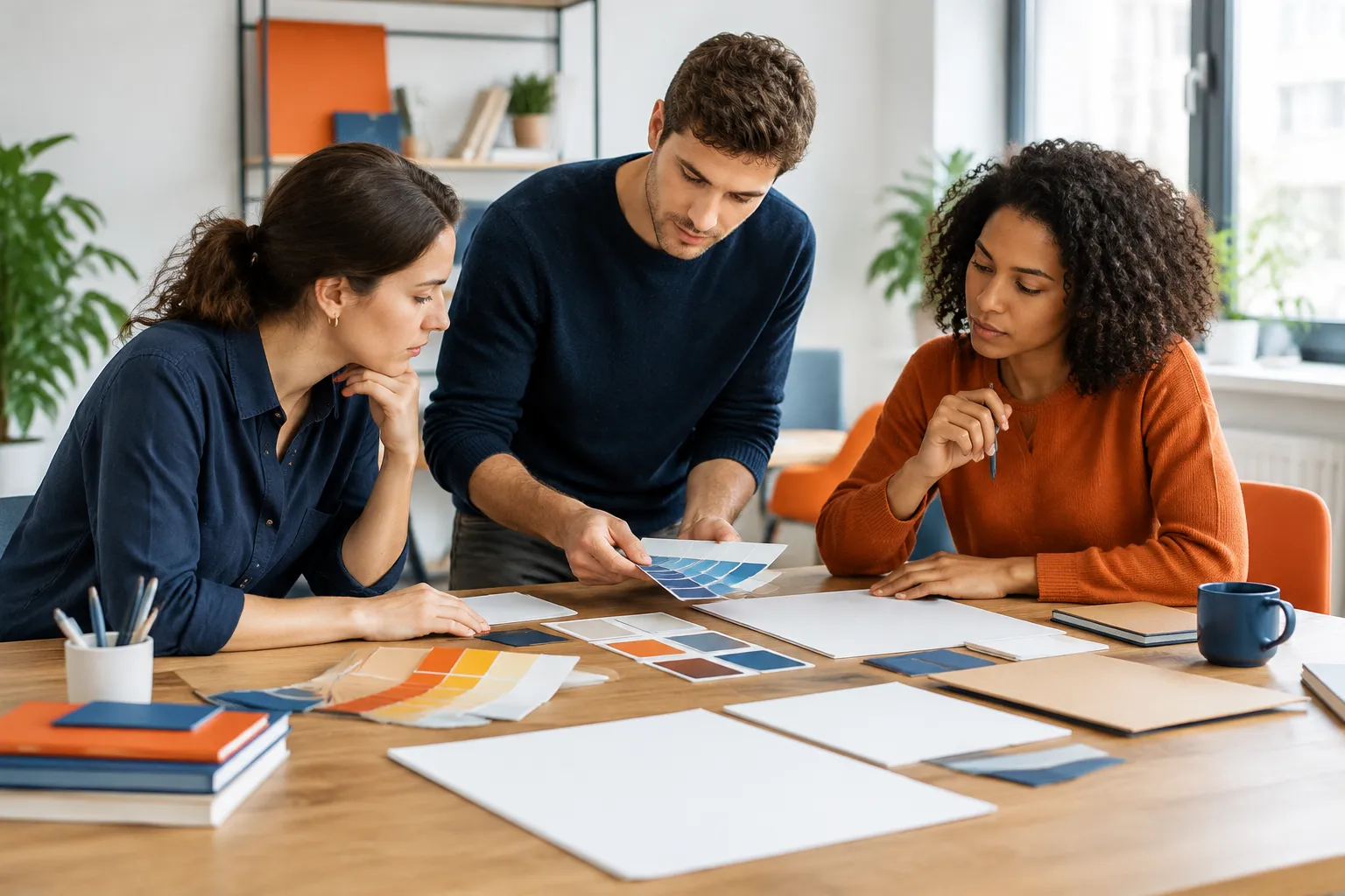 Trois designers discutent autour de palettes de couleurs au bureau