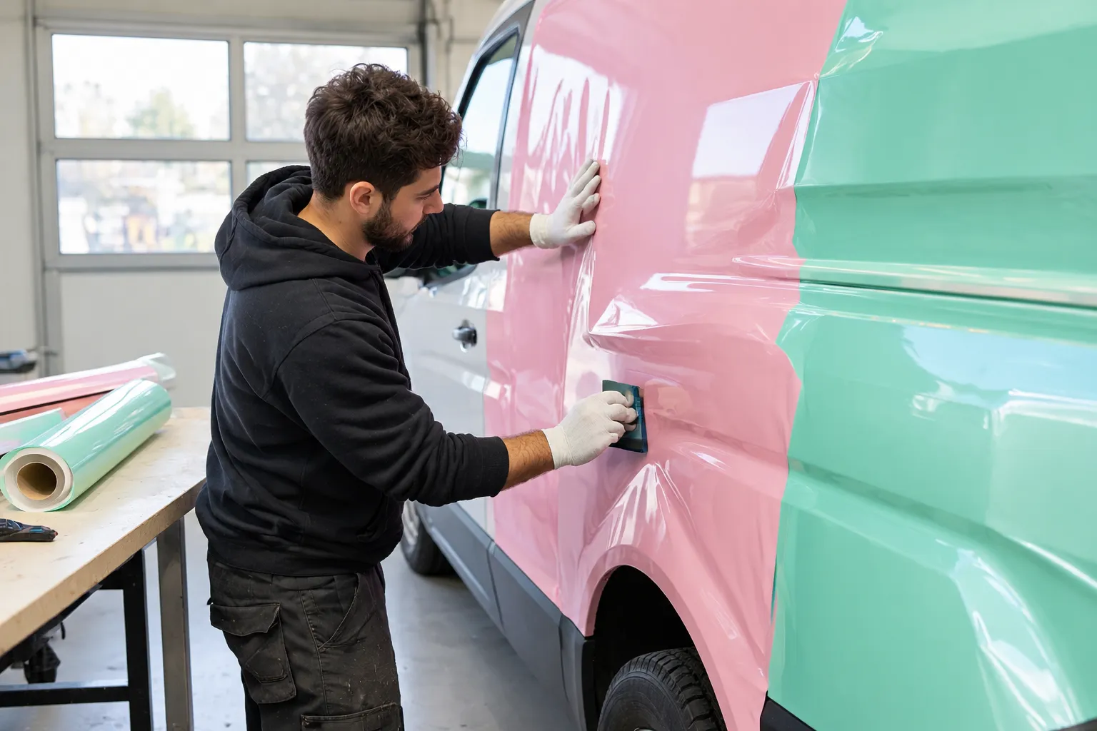 Homme appliquant un film vinyle rose sur une camionnette.