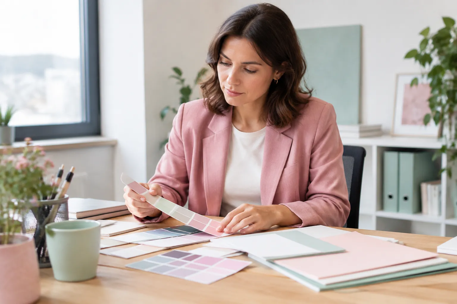 Femme choisissant des nuanciers de couleurs à son bureau