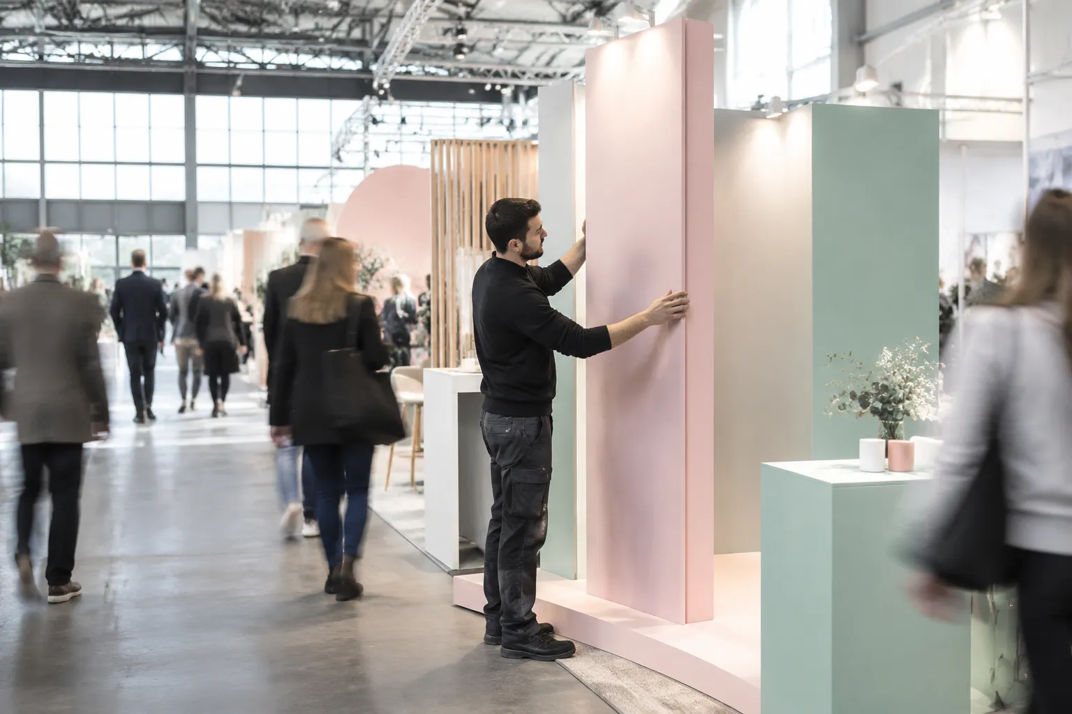 Installateur ajuste un panneau rose dans un salon professionnel.