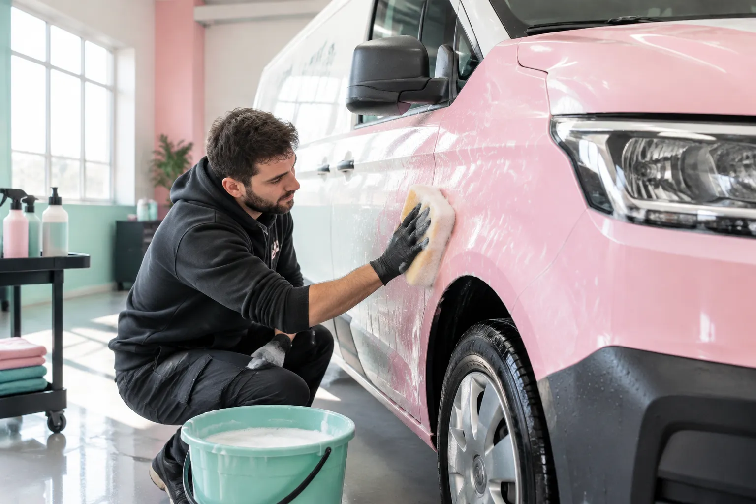 Homme lave un van rose dans un garage automobile.
