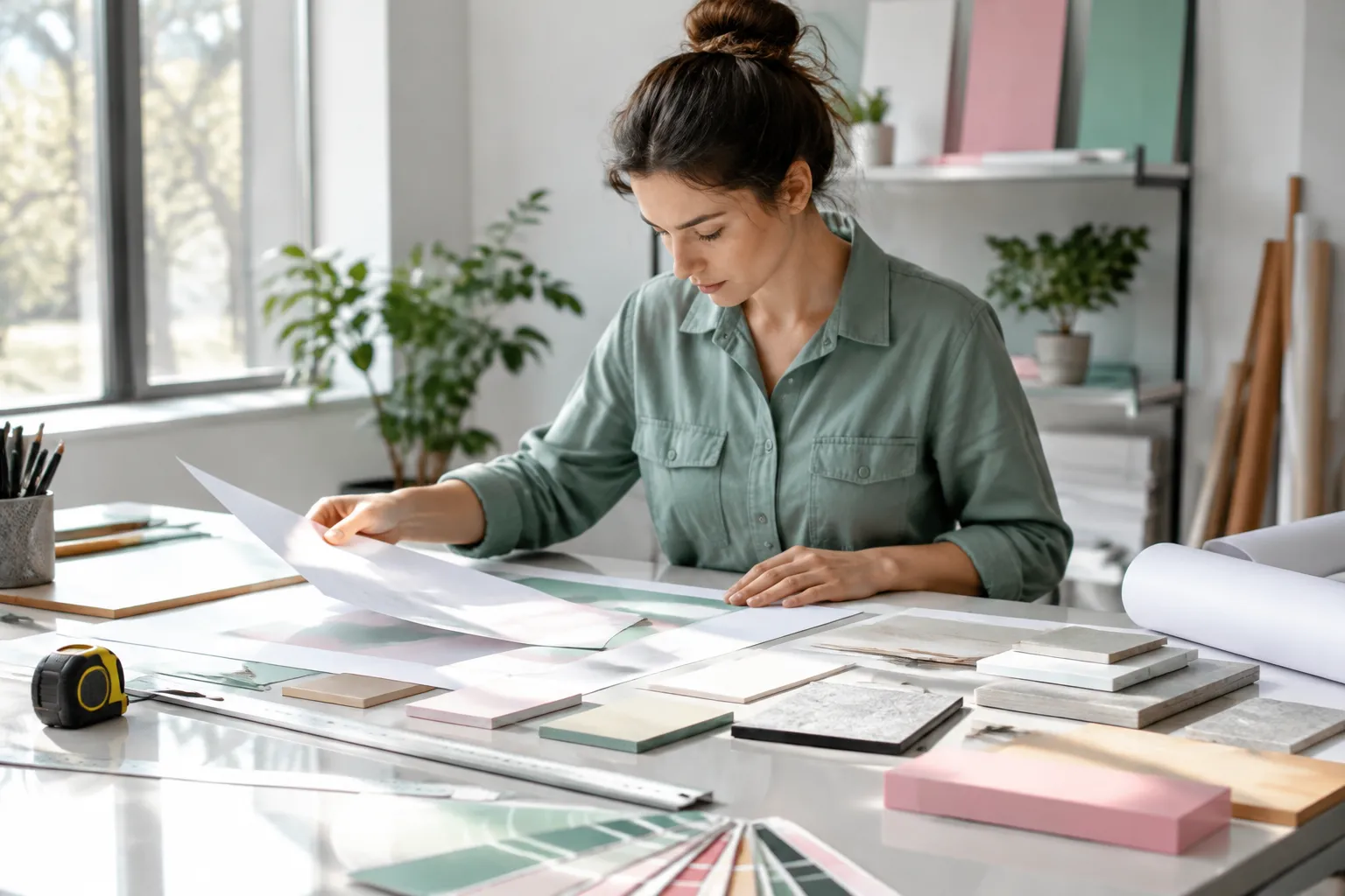 Architecte examinant des échantillons de matériaux sur un bureau.
