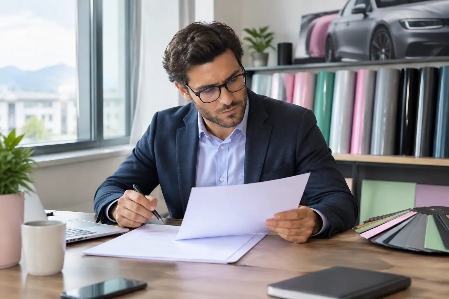 Homme en costume examine des documents dans un bureau.