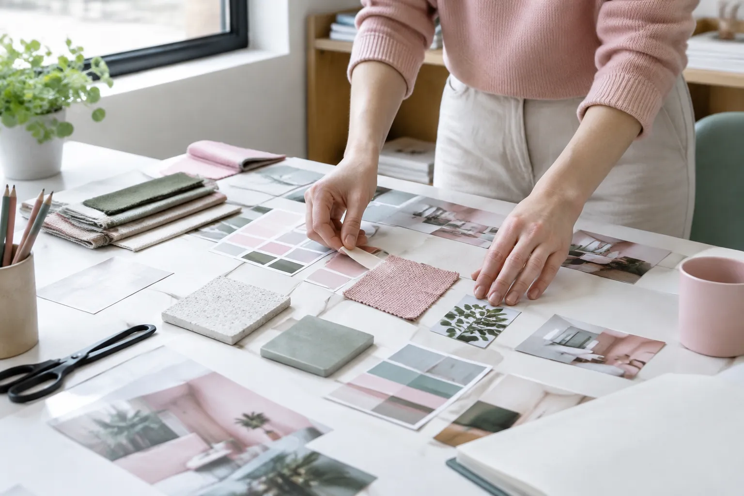 Personne créant un moodboard avec tissus, couleurs et photos.