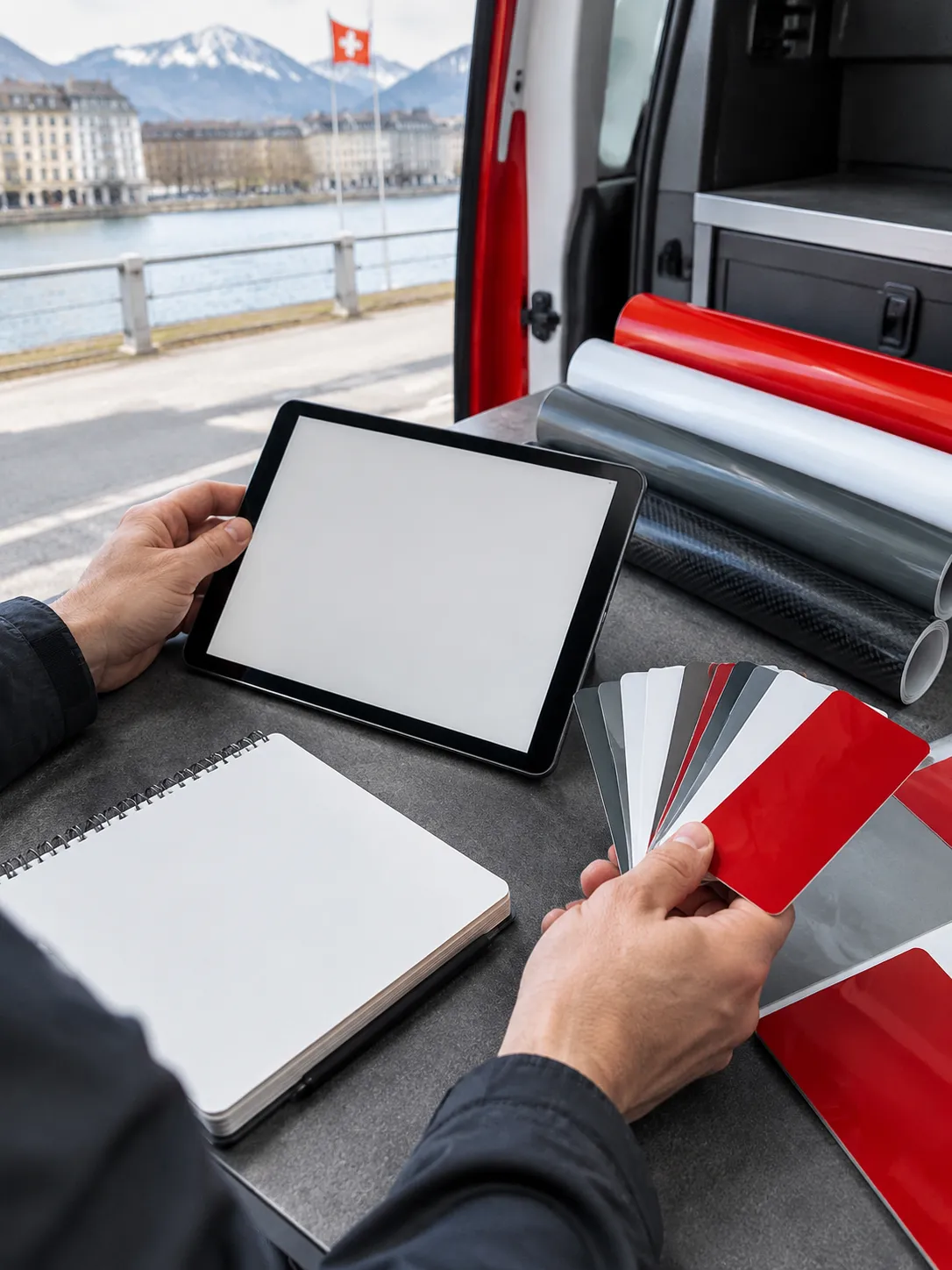 Personne choisissant des échantillons de vinyle colorés dans une camionnette.