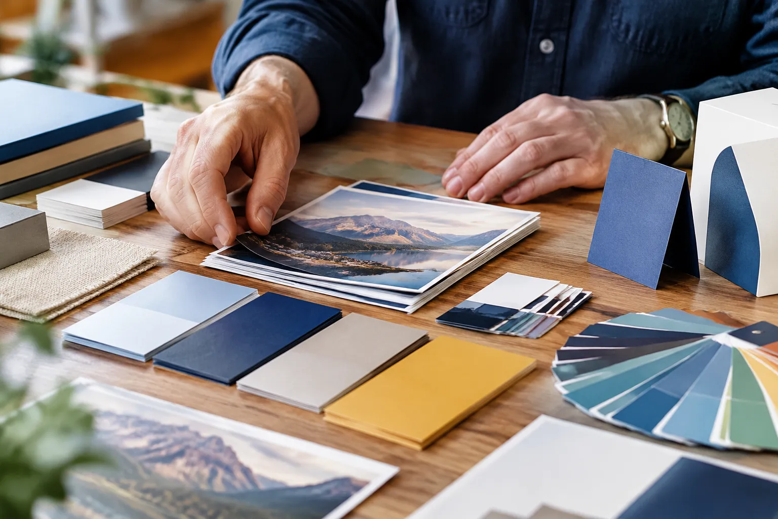 Homme sélectionnant des photos parmi des échantillons de couleurs et papiers