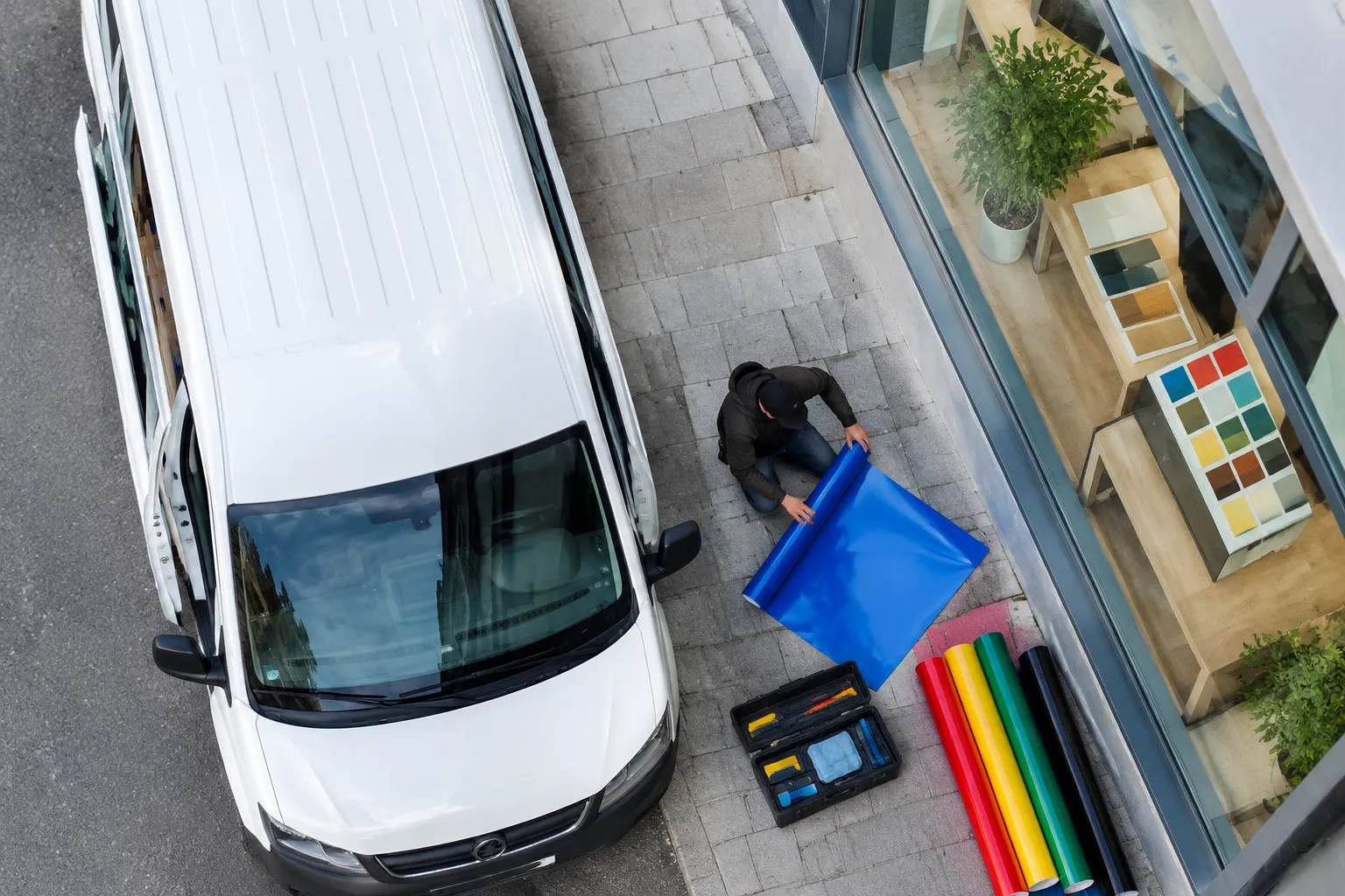 Poseur déploie vinyle bleu près d’une camionnette blanche