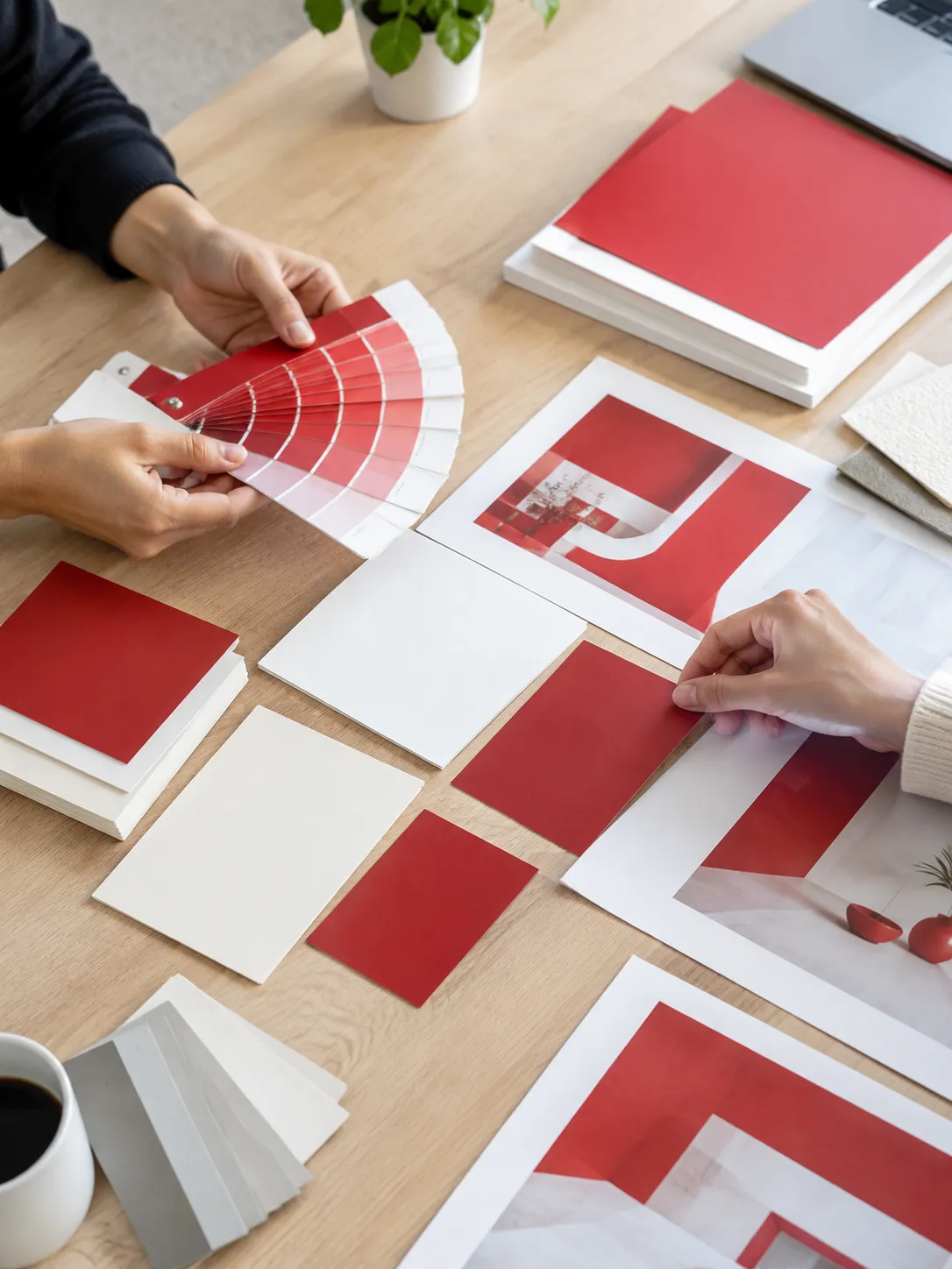 Échantillons rouges, palettes et maquettes graphiques sur table.