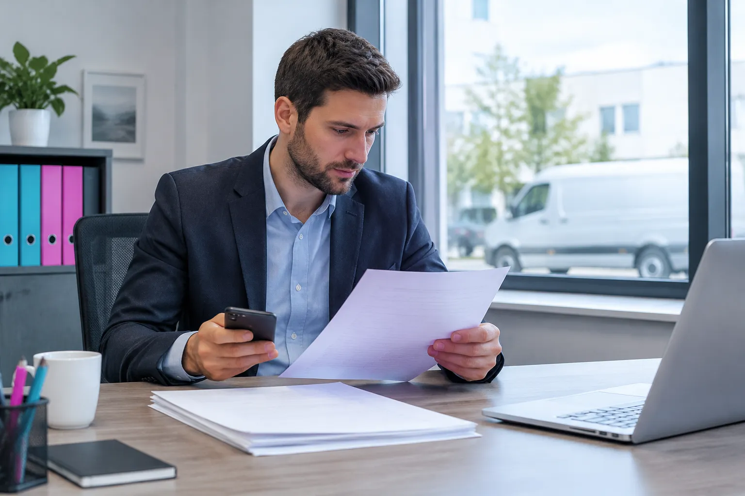 Homme d’affaires consultant des documents et son téléphone au bureau