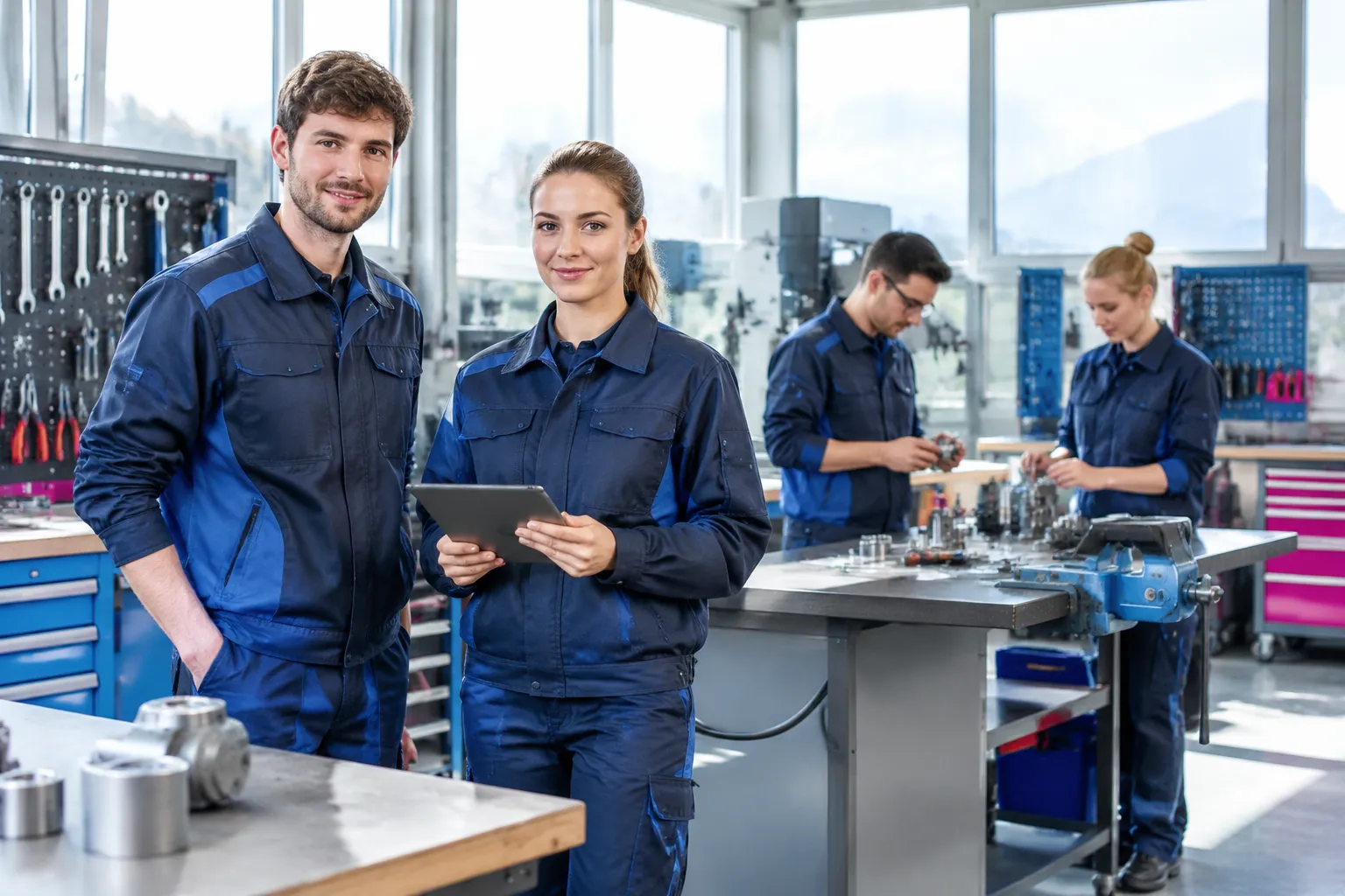 Équipe d’ouvriers en uniforme dans un atelier industriel moderne