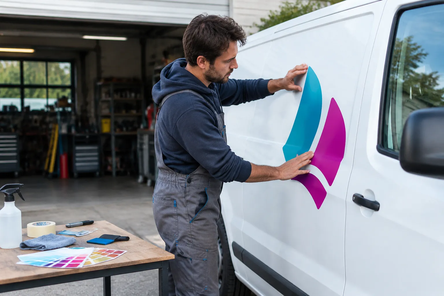 Poseur applique un logo coloré sur une camionnette blanche